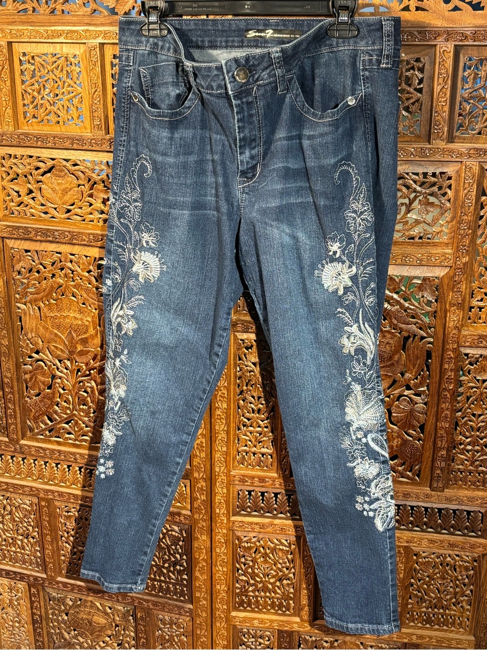Seven 7  Dark Blue Embroidered Skinny Jeans